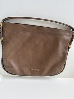 JIMMY CHOO ZOE LEATHER HOBO SHOULDER BAG Brown Snakeskin Gold tuck under the arm